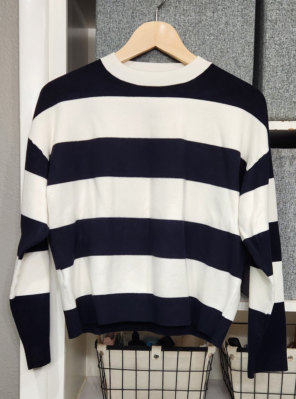 Mango Oversized Navy & White Wide-Stripe Crewneck Sweater, NWOT, XS.
